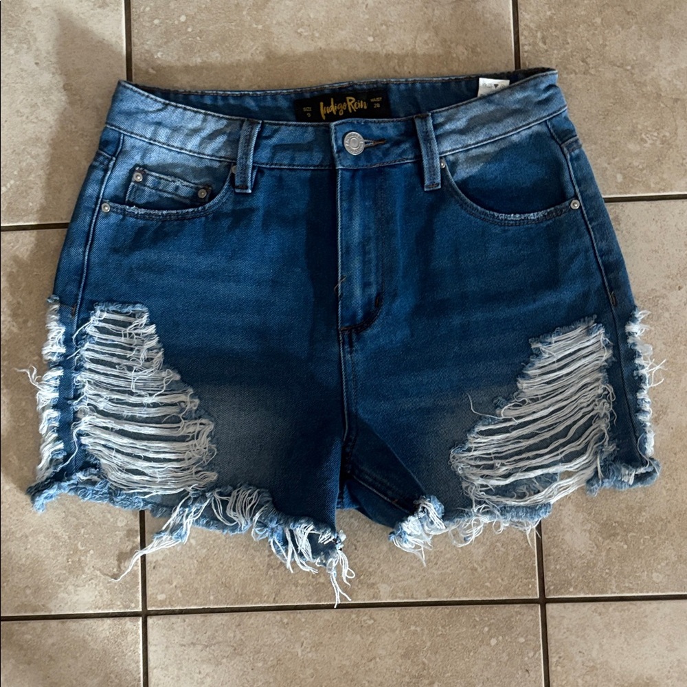 Indigo Rein Women's Ripped Jean Shorts - Dark Blue